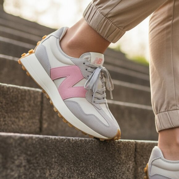 New Balance 327 Women's Casual Sneakers Shoes White Moonbeam Pink various sizes - Picture 1 of 9
